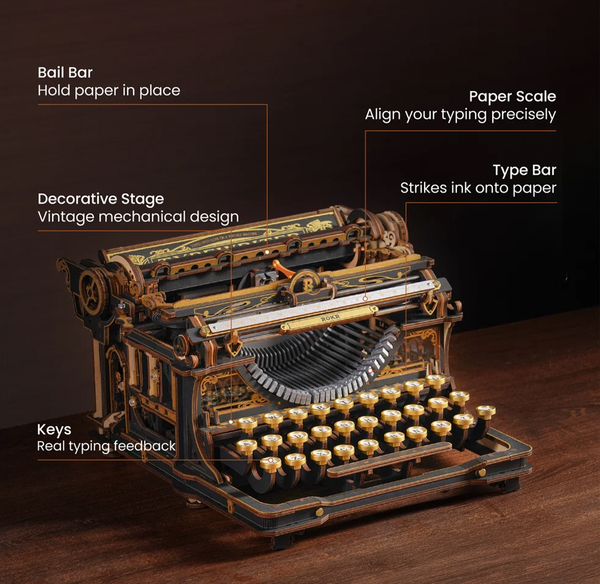 Ornate vintage mechanical typewriter with labeled bail bar, paper scale, type bar, decorative stage, and keys, conveying craftsmanship and precision.