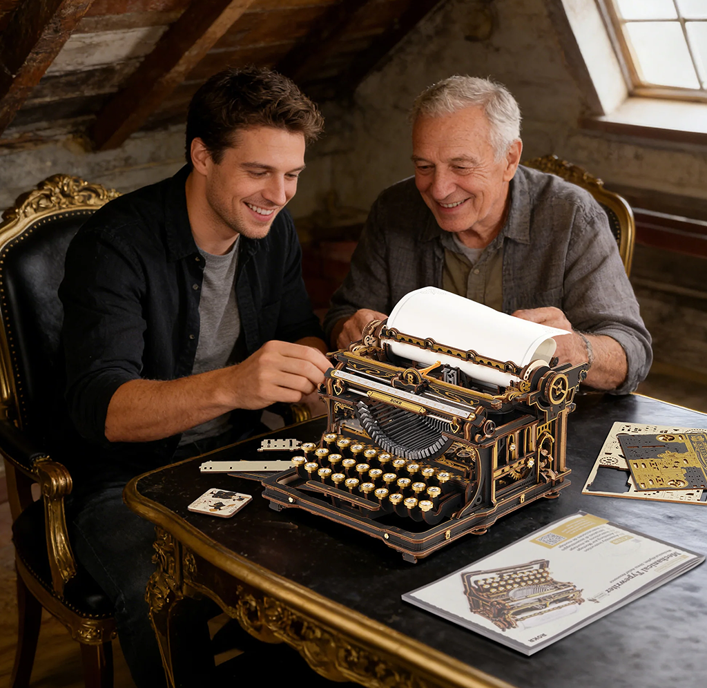 A young man and an older man smile as they examine an ornate antique typewriter in a cozy attic, sharing a warm moment of discovery.