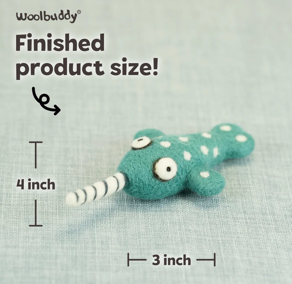 A small teal crocheted creature with bulging eyes and a striped tail, shown beside 4-inch and 3-inch measurements; playful finished craft.