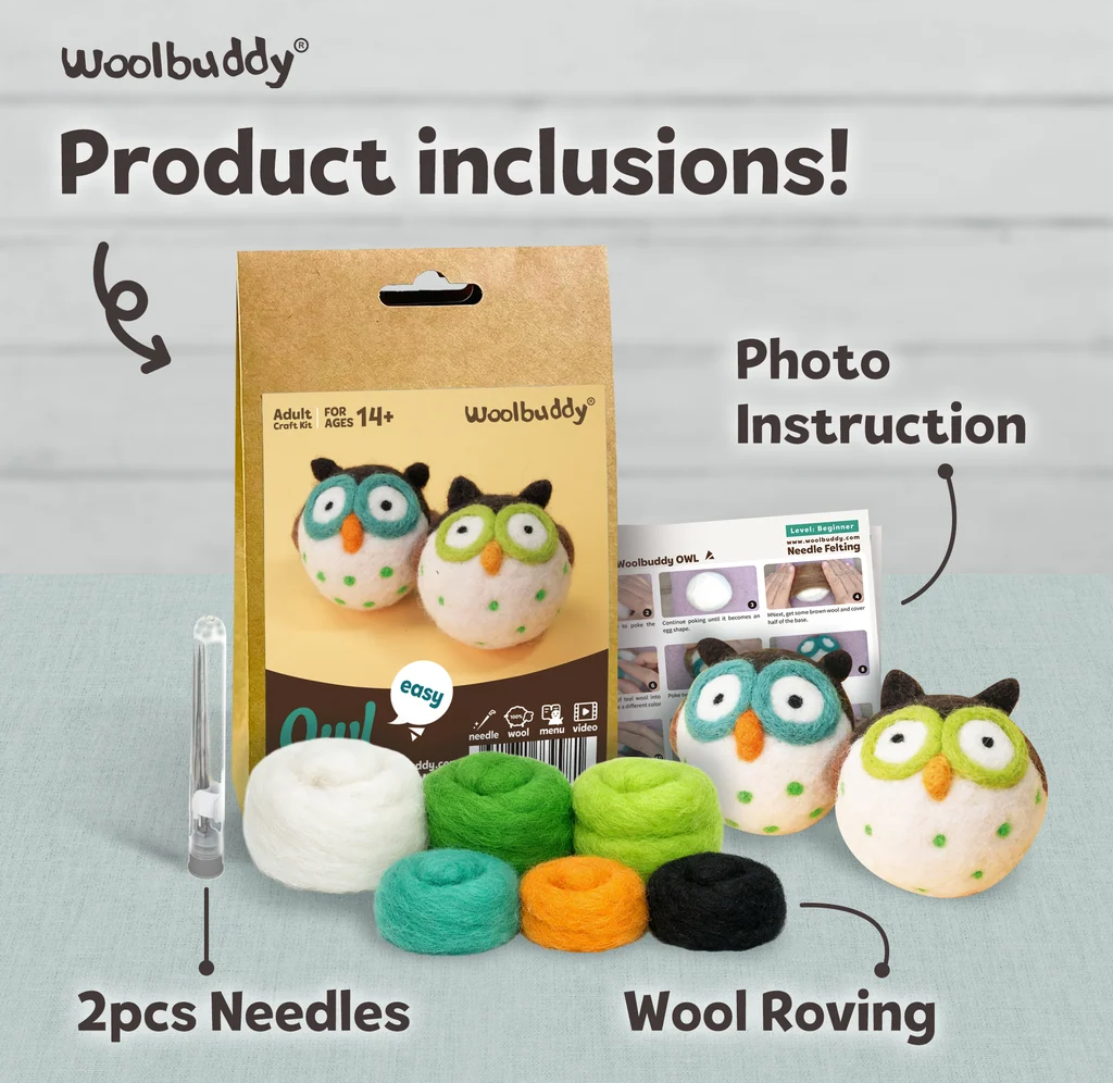 Product-inclusions display for Woolbuddy owl needle-felting kit: packaging, photo instructions, two needles, colorful wool roving, and finished owls; cheerful, crafty tone.