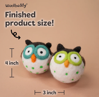 Woolbuddy graphic shows two finished felted owl figurines, with teal and lime-green eye rings, orange beaks, and size labels: 4 inches tall and 3 inches wide. The tone is playful.