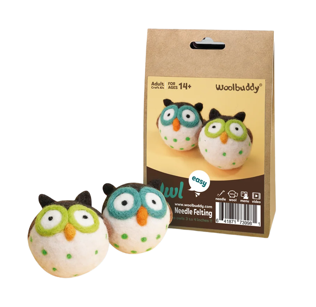 Two felted owl figures in green and teal, with large eyes and orange beaks, sit before Woolbuddy needle-felting kit packaging; playful craft-product presentation.