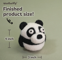 Woolbuddy felted panda craft displayed against a pale green background, with labels showing a finished size of 4 inches tall by 3 inches wide. The handmade toy looks cheerful.