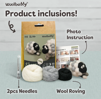 Woolbuddy product-inclusions display showing a needle-felting kit with photo instructions, two needles, wool roving, and finished sheep figures; friendly, inviting tone.