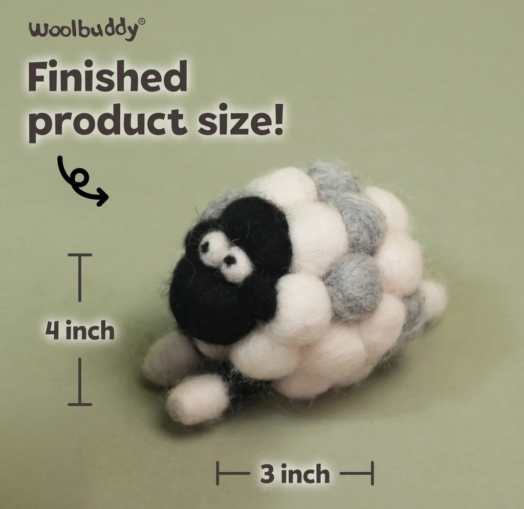 Woolbuddy felted sheep, made of white, gray, and black wool, shown beside 4-inch and 3-inch measurements; a cute, cozy finished craft.