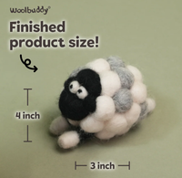 Woolbuddy felted sheep, made of white, gray, and black wool, shown beside 4-inch and 3-inch measurements; a cute, cozy finished craft.