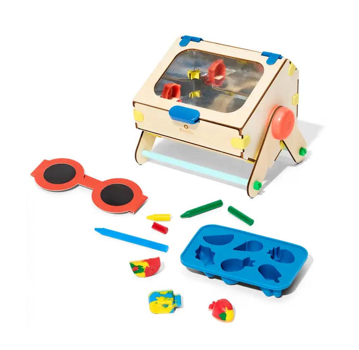 Hexagonal wooden recycling unit, safey glasses, mold and crayons