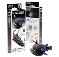 Front & back of the Anglerfish retail packaging, featuring a black and blue 3D articulated fish with a glowing mouth, shown alongside the front and back of the box.