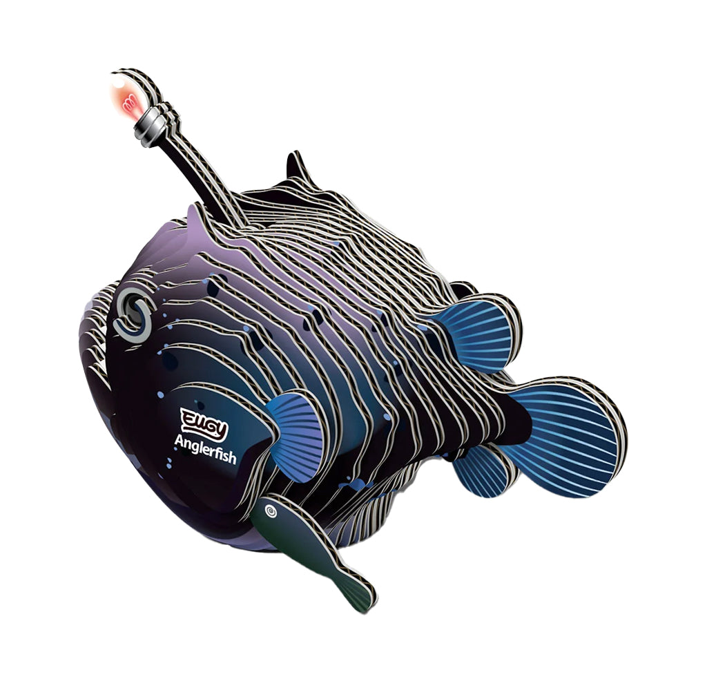 Backside view  of the anglerfish featuring a black and blue striped body with a red light on the antenna, set against a plain white background. 