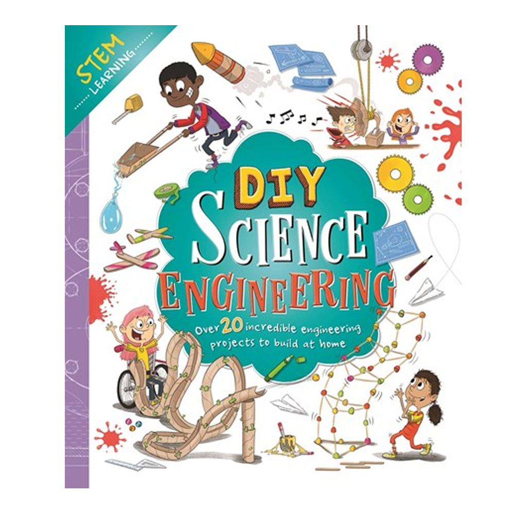 DIY Science Engineering book cover featuring colorful cartoon illustrations of children building science projects, with the title 'DIY Science Engineering' in large text on a teal background.