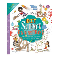 DIY Science Engineering book cover featuring colorful cartoon illustrations of children building science projects, with the title 'DIY Science Engineering' in large text on a teal background.