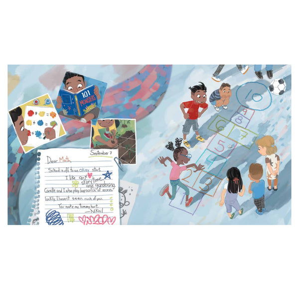 Layout page from Dear Math, We're Not Friends featuring an illustration of kids playing hopscotch, with handwritten notes and small inset drawings showing educational activities.