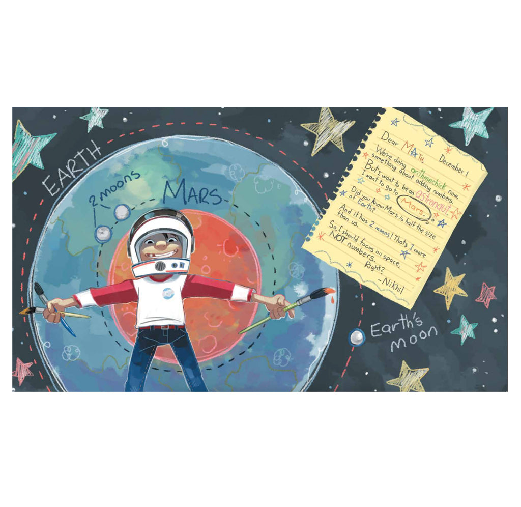 A layout page from Dear Math, We're Not Friends featuring a child in front of an illustration of Earth and Mars holding paint brushes next to a yellow note to Math. 