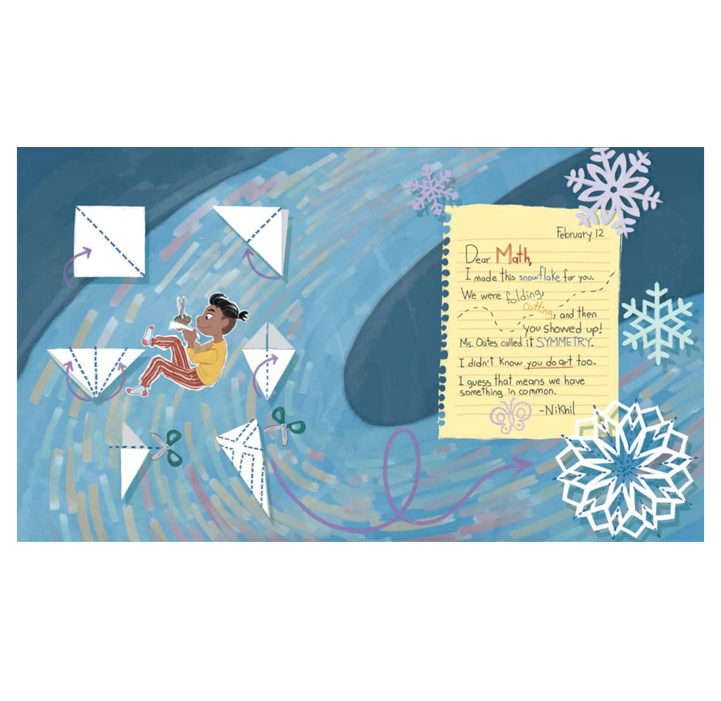 A layout page from Dear Math, We're Not Friends featuring a blue winter scene with origami paper airplanes, a child in a yellow outfit, handwritten notes, snowflakes, and a yellow notepad on a blue background.