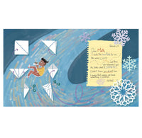 A layout page from Dear Math, We're Not Friends featuring a blue winter scene with origami paper airplanes, a child in a yellow outfit, handwritten notes, snowflakes, and a yellow notepad on a blue background.
