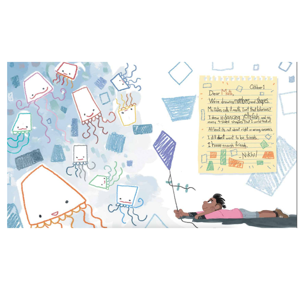 A Layout page from Dear Math, We're Not Friends with a young child lying on the floor among different shapes drawn on the wall with a yellow note on the starting Dear Math.