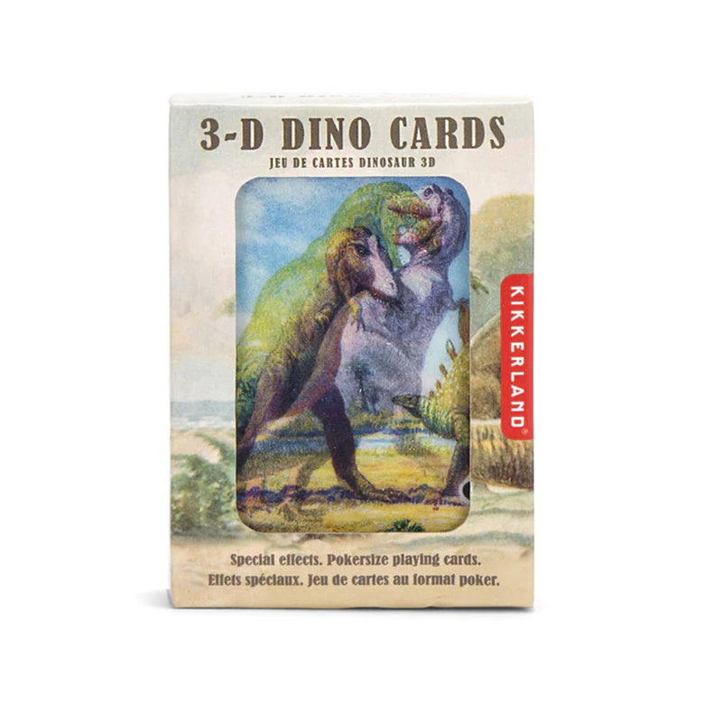3-D Dino Cards packaging with a cut out front showing a lenticular design of a T-rex biting another dinosaur on the first card.  