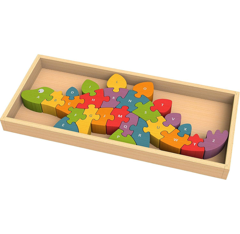 Angled view of the colorful dinosaur puzzle in a wooden rectangular box