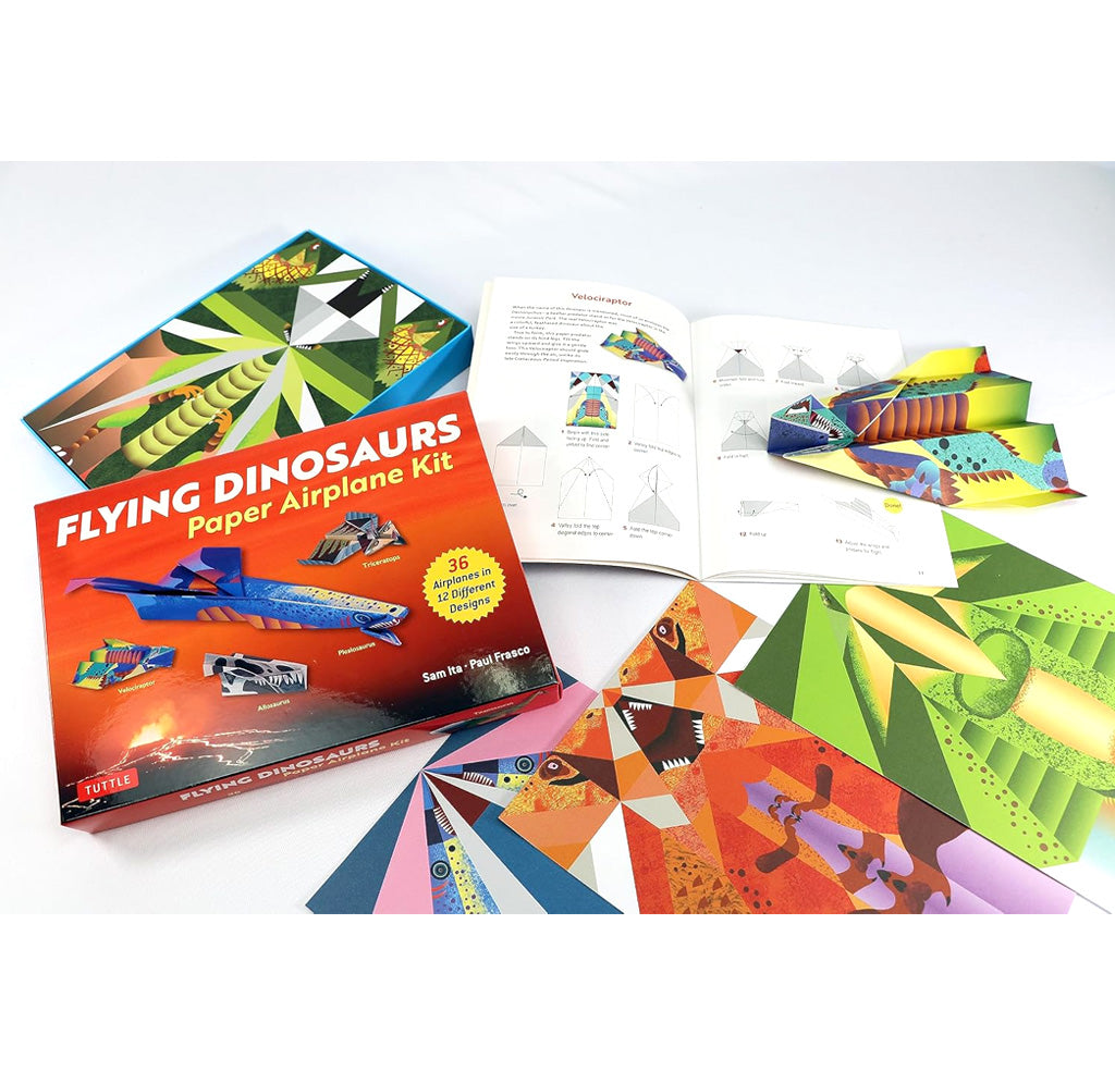 Flying Dinosaurs paper airplane kit with colorful airplane designs and instructions on a white background