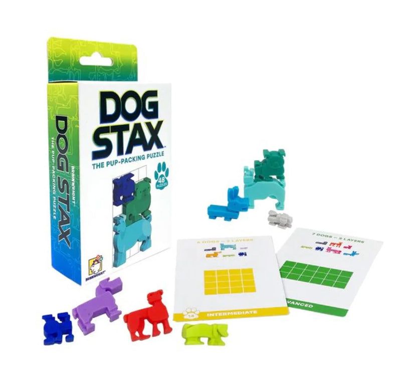There are two playing cards, one set up with the puzzle dog pieces. Eight dog puzzle pieces sit on the top and bottom of the cards; the dog pile box is to the right.