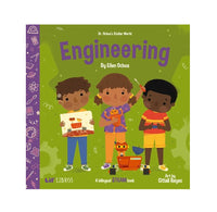 Cover image of three young children holding different objects to do with engineering. Titles Engineering in purple against a green background.