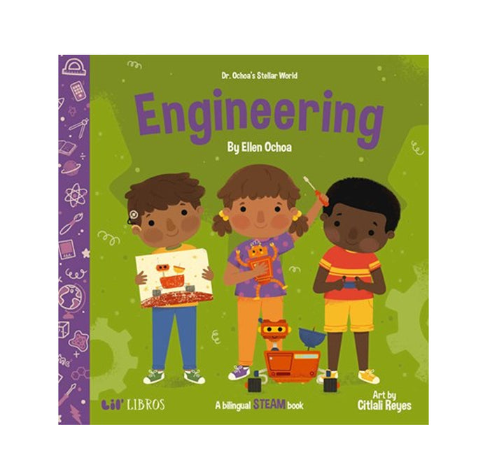 Cover image of three young children holding different objects to do with engineering. Titles Engineering in purple against a green background.