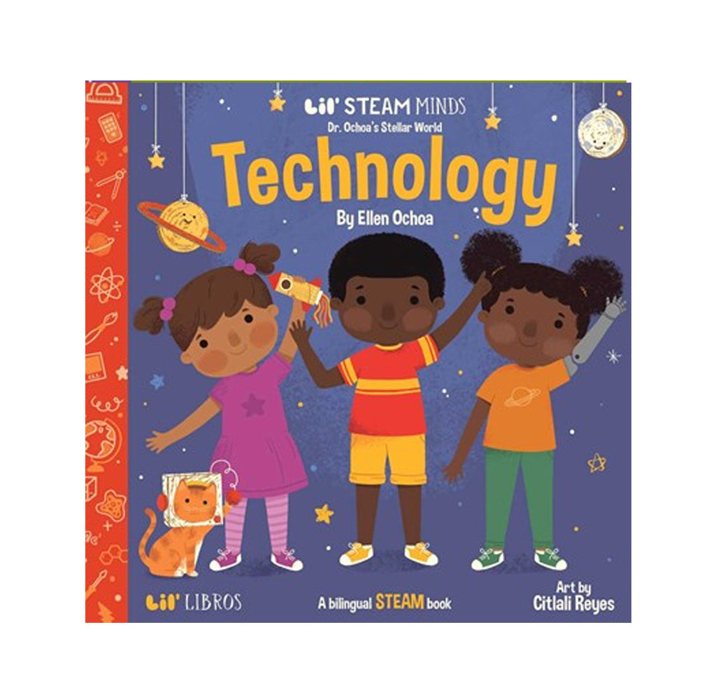 Front cover of the children's book 'Technology' from Lil' Steam Minds by Ellen Ochoa, published by Lil' Libros. The cover features a dark blue space-themed background with three cartoon children holding a telescope, a cat in a space suit, and a red patterned spine on the left.