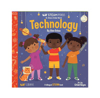 Front cover of the children's book 'Technology' from Lil' Steam Minds by Ellen Ochoa, published by Lil' Libros. The cover features a dark blue space-themed background with three cartoon children holding a telescope, a cat in a space suit, and a red patterned spine on the left.