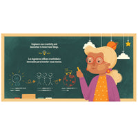 A stylized illustrated scene of a woman with glasses and a ponytail standing beside a chalkboard that contains educational text and drawings. The woman wears a purple cardigan over a yellow-orange polka-dot top, and the chalkboard is dark green with a light wood frame.
