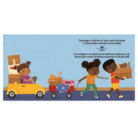 An educational children's book illustration page in Spanish and English, featuring cartoon characters carrying tools and boxes. The page has a light blue background with a purple floor and features the title 'Technology is a collection of tools created by humans to solve problems and make our lives easier!' at the top right.