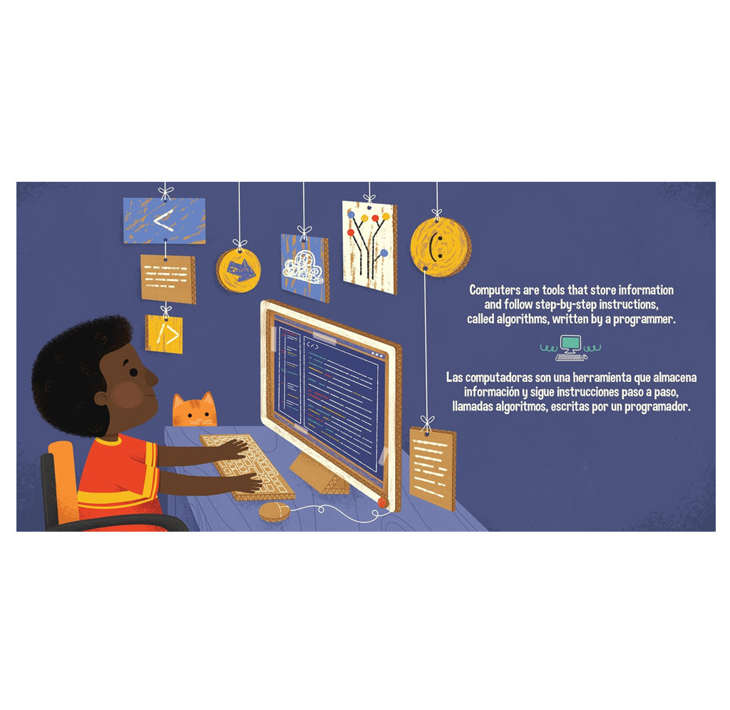An educational illustration layout from the book showing a child using a computer with hanging code snippets and a cat on a dark blue background, alongside Spanish text about computers and algorithms.