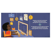 An educational illustration layout from the book showing a child using a computer with hanging code snippets and a cat on a dark blue background, alongside Spanish text about computers and algorithms.