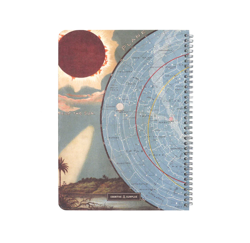 Notebook with celestial design on cover back with solar eclipse.