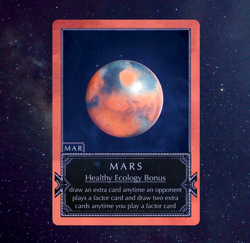 Card featuring an illustration of Mars with game text on a starry space background