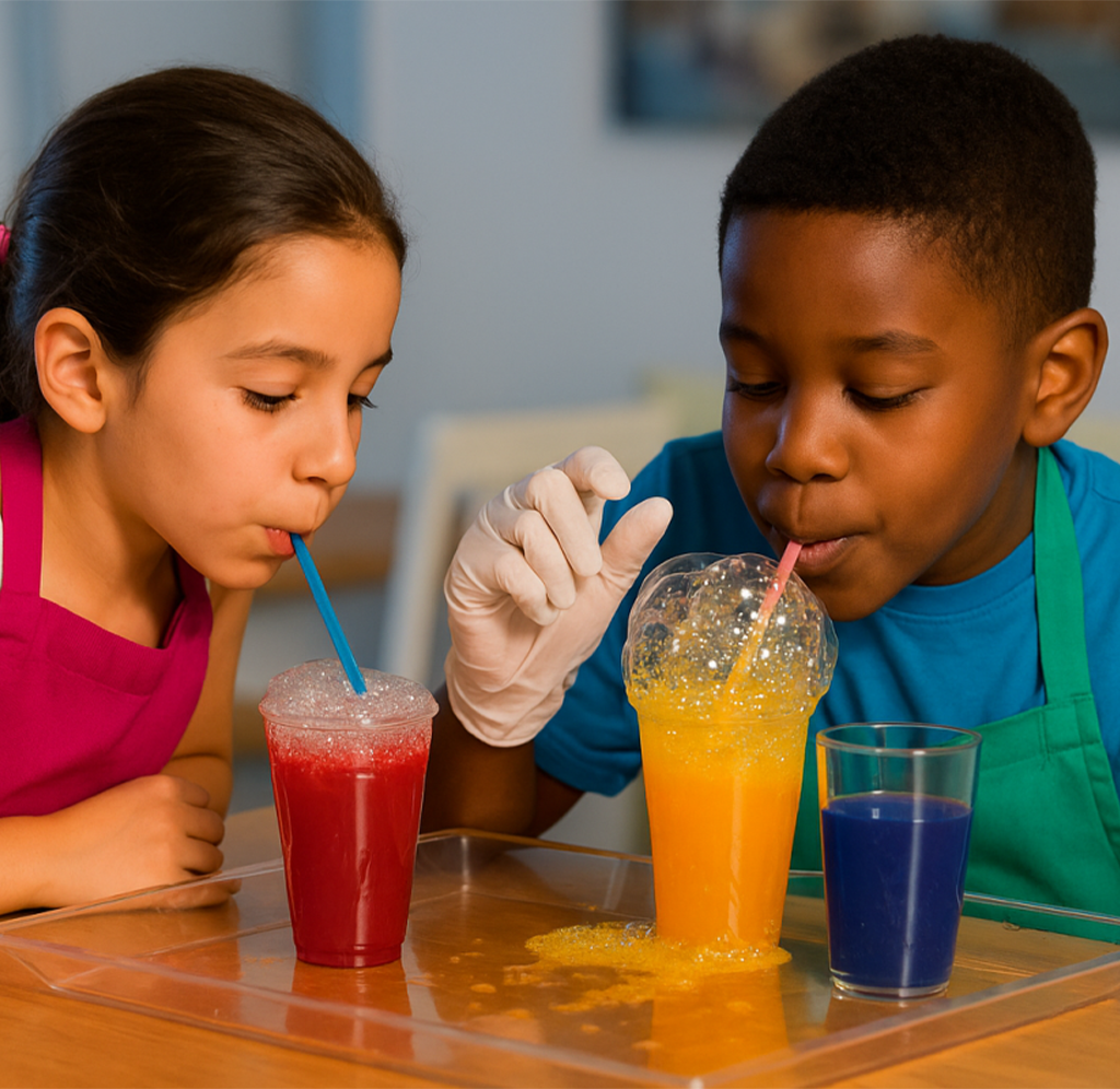 Two children in colorful aprons sip red and orange drinks through straws at a table, with blue drink and spilled juice nearby; playful science experiment.