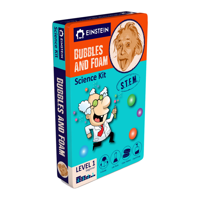 A colorful Einstein-branded “Bubbles and Foam” science kit box shows a cheerful cartoon scientist amid bubbles and foam, with a playful, educational tone.