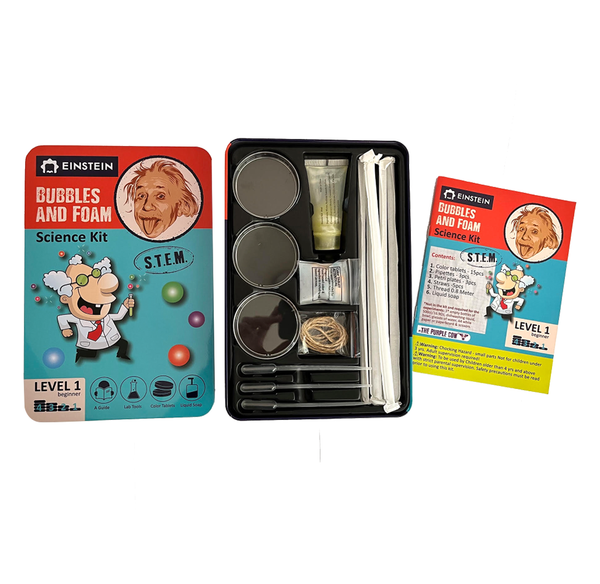 Vintage Einstein “Bubbles and Foam” Level 1 science kit, shown with its colorful box, open tray of experiments, and instruction booklet; playful, educational tone.