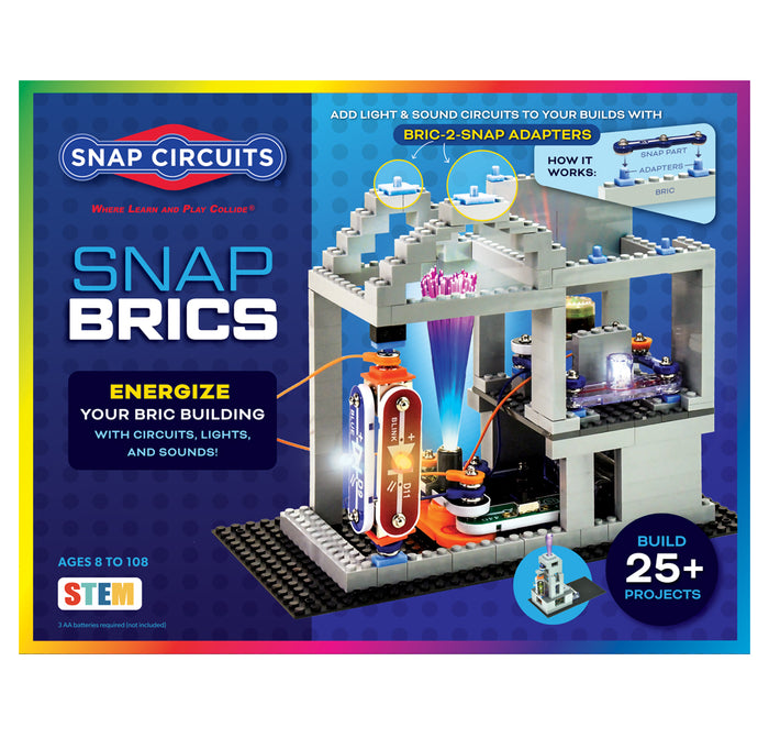 Snap Circuits Snap Bricks toy building kit box, showing a colorful product package with an illustrated circuit building set and text highlighting 25+ projects and STEM learning.