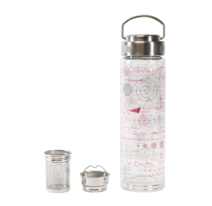 A clear glass water bottle with a stainless steel lid and handle, decorated with red and black geometric line drawings and mathematical equestions. It is shown alongside a small clear glass cup and a small stainless steel container on a white background.