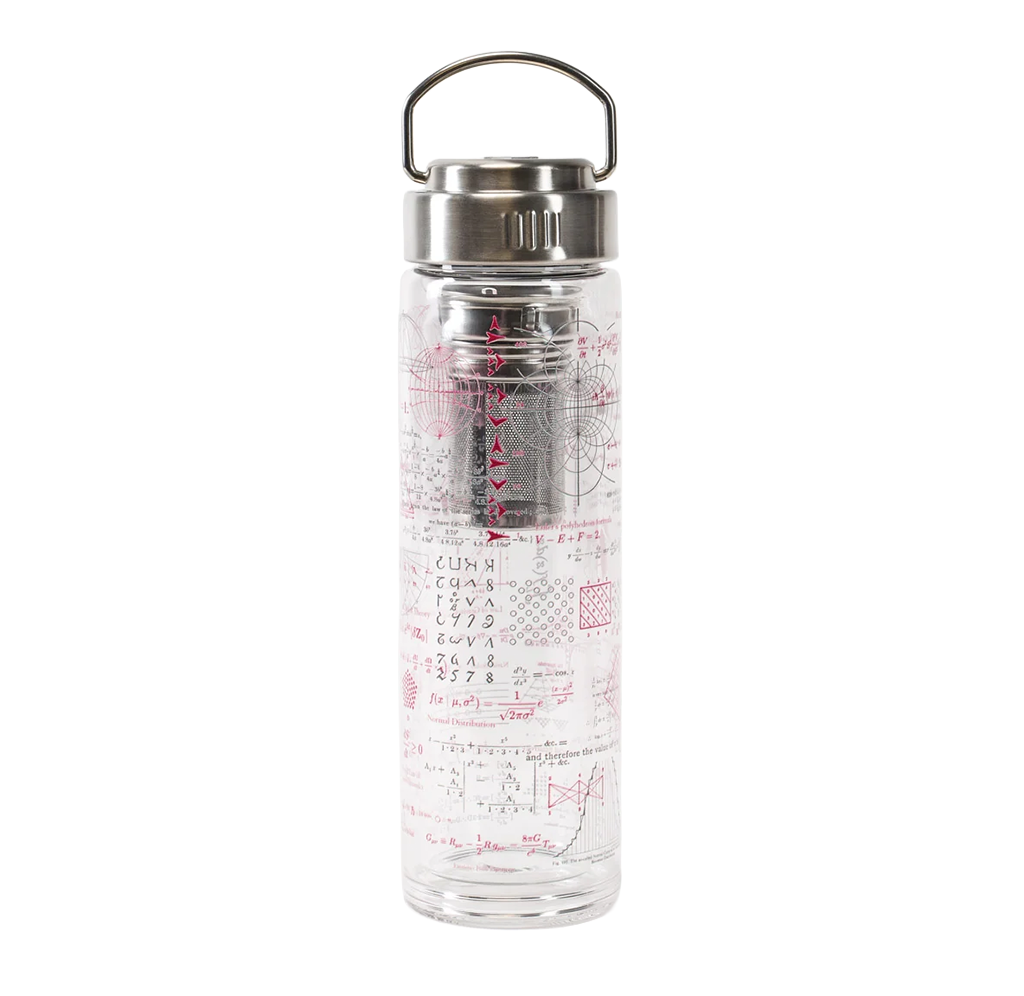 A clear glass water bottle with a stainless steel lid and carrying loop, decorated with pink and black scientific and mathematical formulas and diagrams.