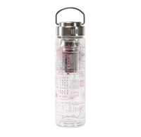 A clear glass water bottle with a stainless steel lid and carrying loop, decorated with pink and black scientific and mathematical formulas and diagrams.