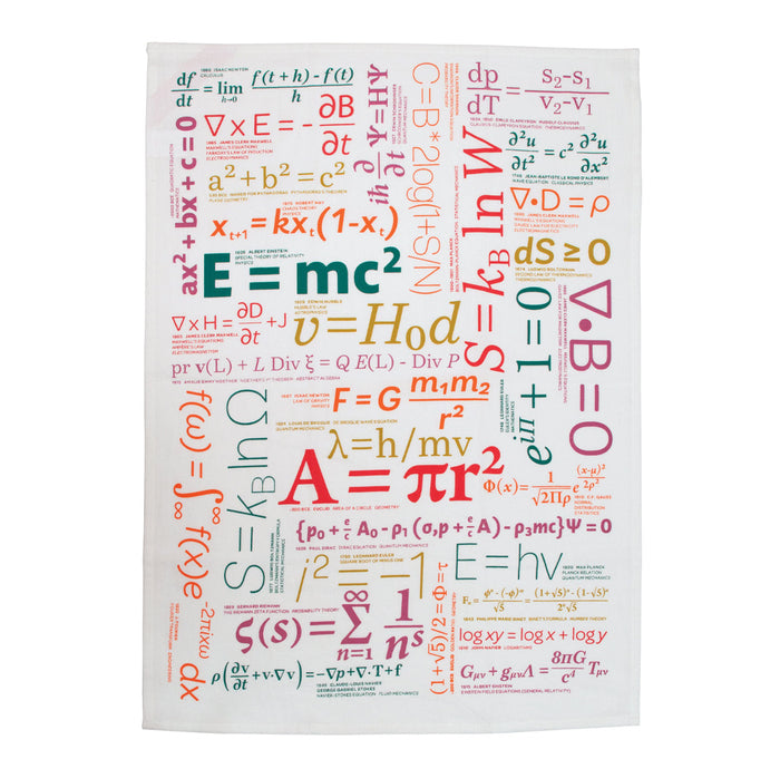 Towel with various mathematical equations and formulas in different colors on a white background