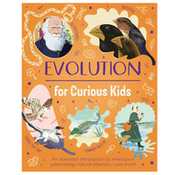 Book cover featuring an orange background with five illustrated images of individuals related to and theories of evolution.