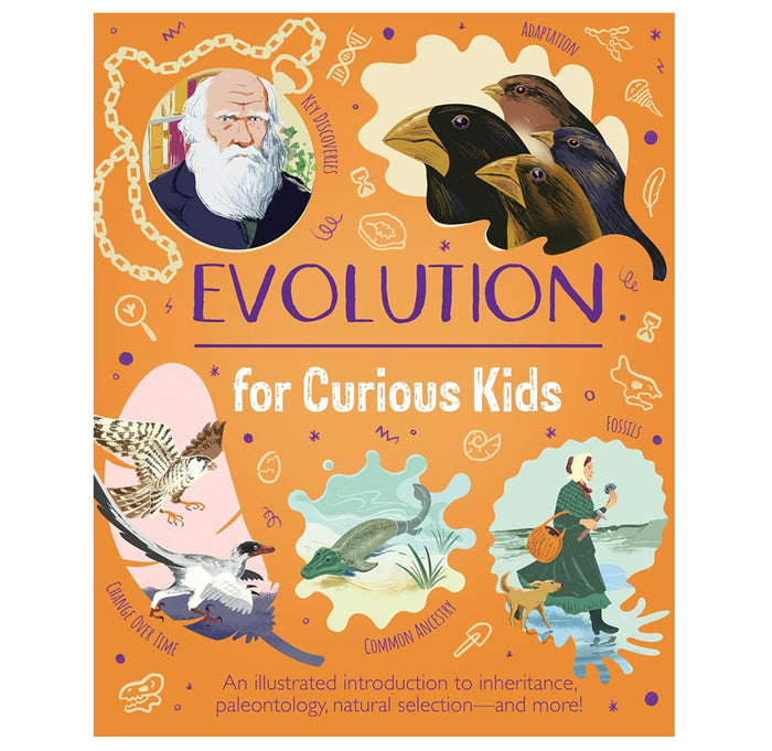 Book cover featuring an orange background with five illustrated images of individuals related to and theories of evolution.