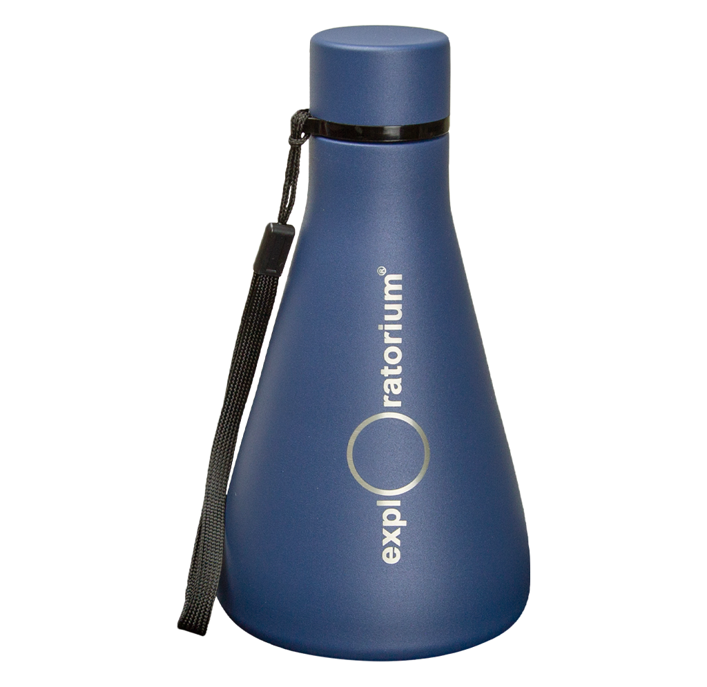 Blue tapered  bottle with a matching screw cap and black wrist strap, shown upright on white; its clean design conveys a practical, modern feel. Features branding for the Exploratorium museum. 