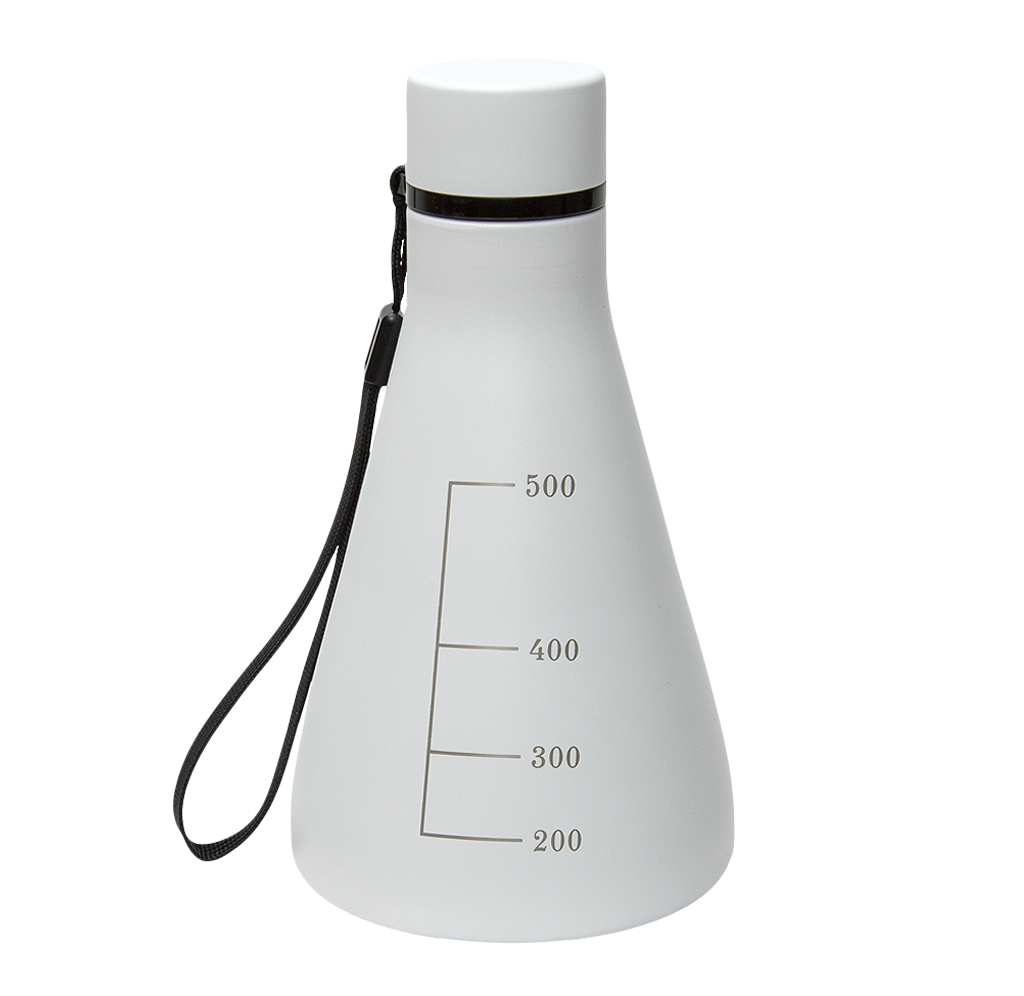 White flask-shaped water bottle with a black cap and wrist strap, marked with 200–500 mL volume lines; isolated on white, with a clean, practical look.