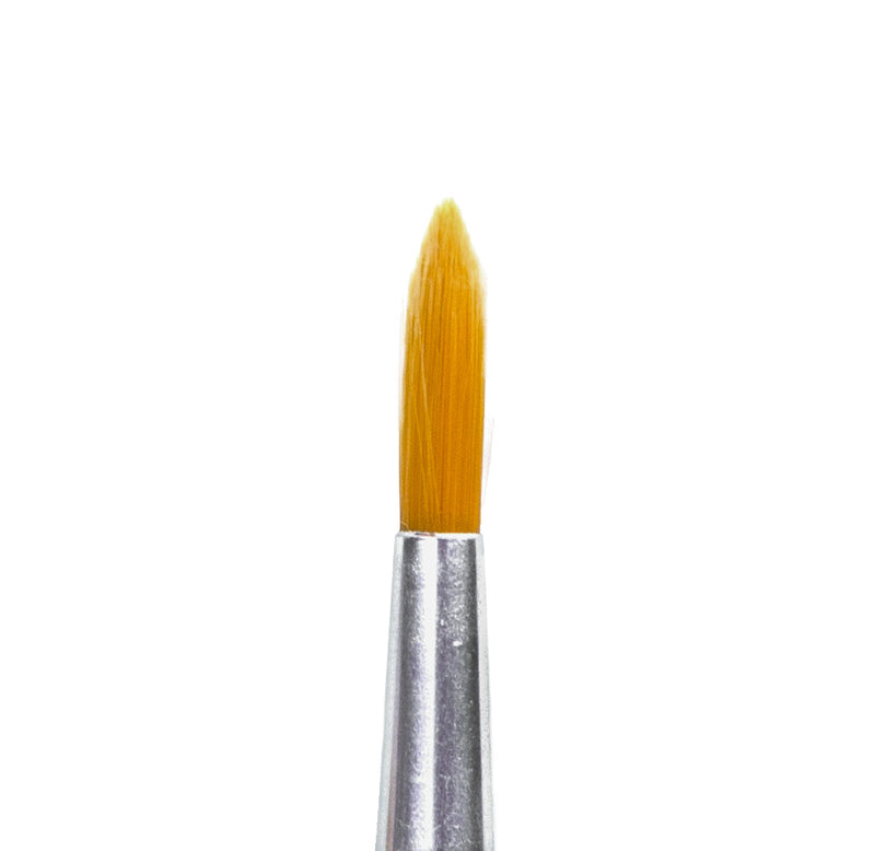 Paintbrush with yellow bristle head and silver ferrule on a white background