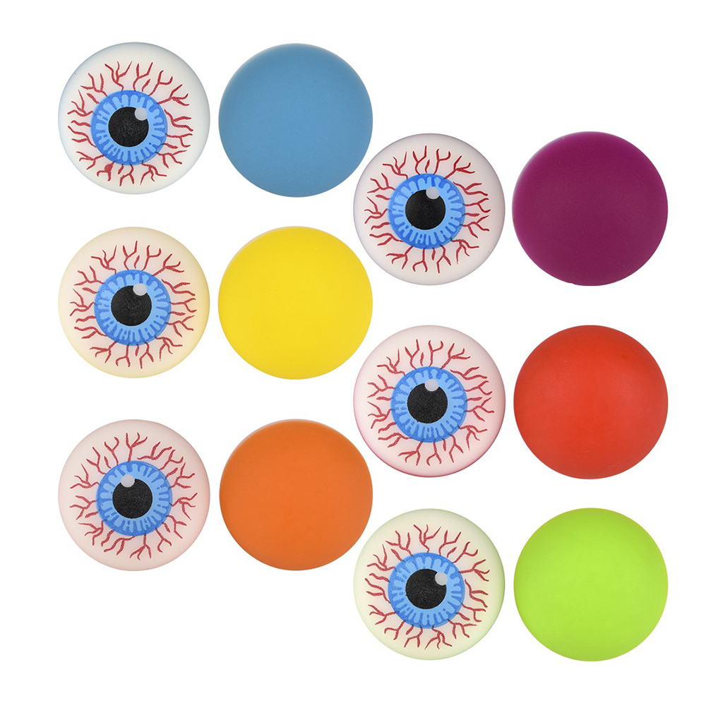 Nine hi-bounce balls arranged in a 3x3 grid on a white background, featuring alternating designs of solid colors (blue, yellow, purple, orange, red, green) and eyeballs with detailed blue irises and red veins.
