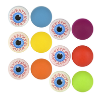 Nine hi-bounce balls arranged in a 3x3 grid on a white background, featuring alternating designs of solid colors (blue, yellow, purple, orange, red, green) and eyeballs with detailed blue irises and red veins.