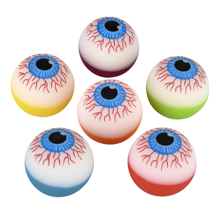 Five colorful eyeball-shaped balls with blue irises, black pupils, and red veins, arranged on a white background in a playful, eerie display.